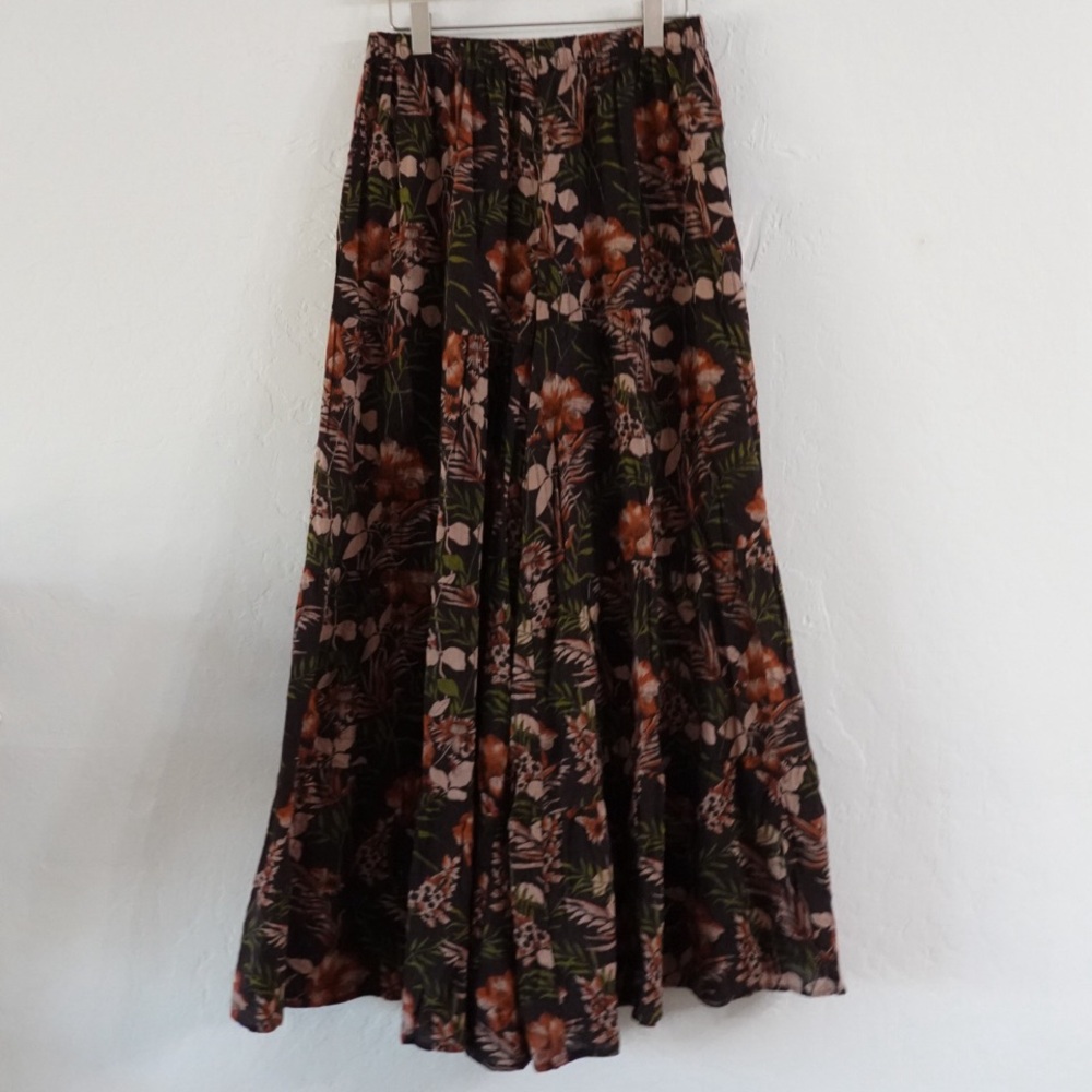 Boho Floral Wide-Leg Pants – Size M, Brown & Rust Tropical Print, Flowy